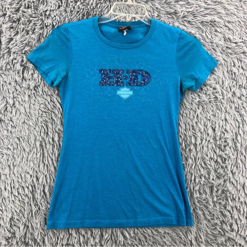Harley Davidson Tshirt Womens Medium Mosaic Logo Blue Shirt